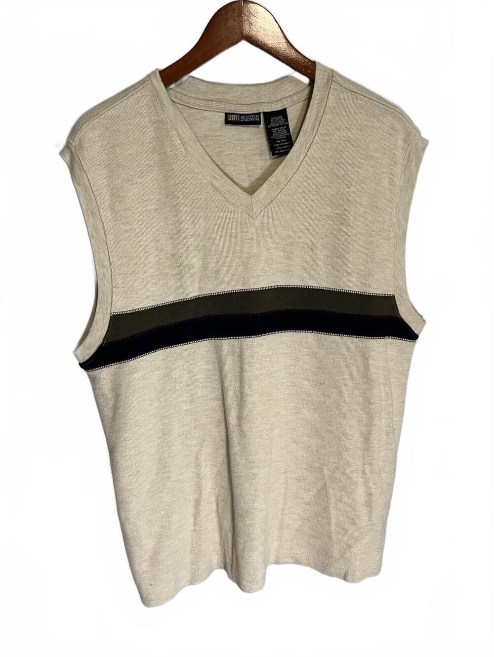 VTG Y2K Faded Glory Men's Vest V Neck Ribbed Oatmeal Cotton Blend Chest Stripe